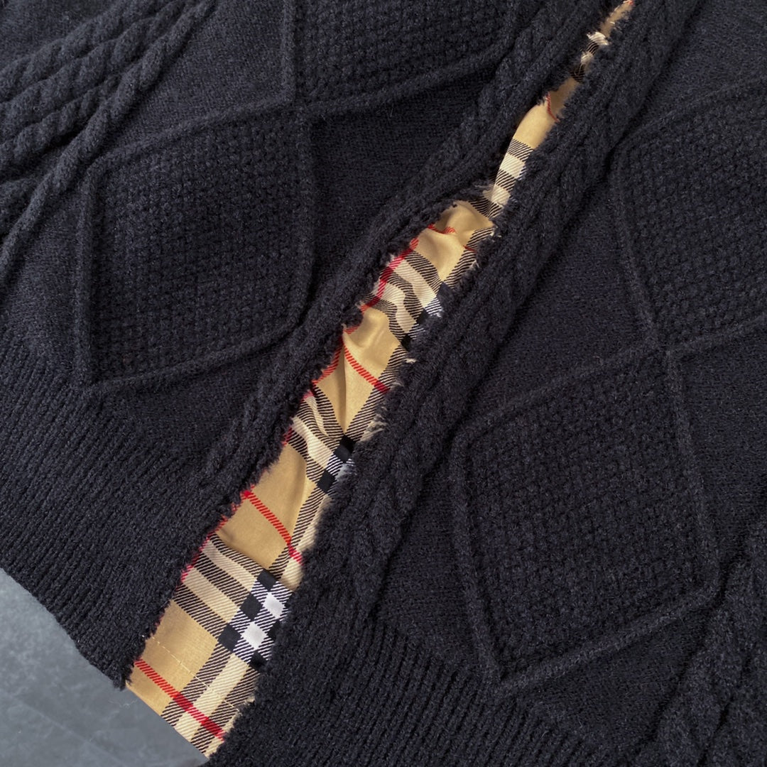 1219 New black patchwork classic plaid ripped craft sweater