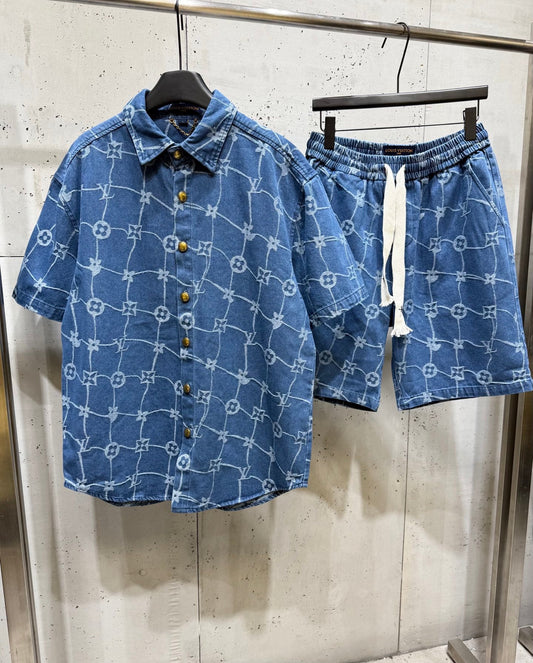 250404 New high-quality blue letter embroidered denim suit