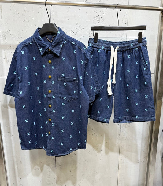 250404 New high-quality blue letter embroidered denim suit