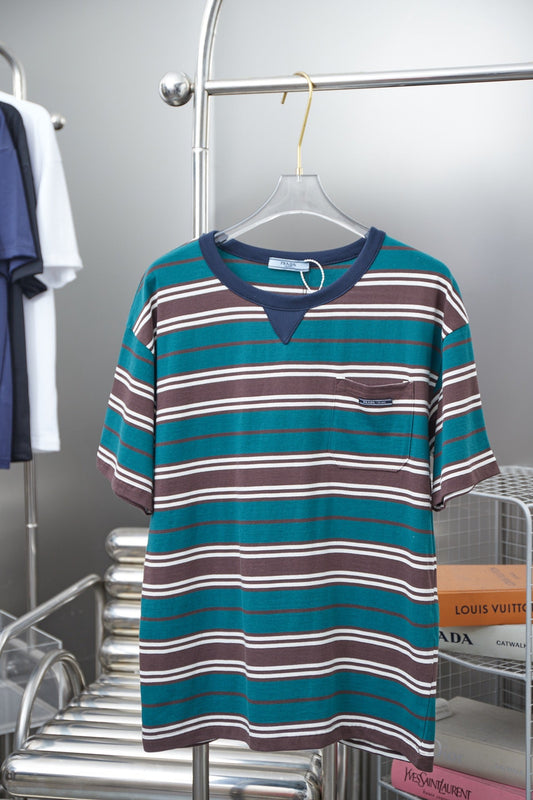 250404 New high-quality striped printed knitted T-shirt