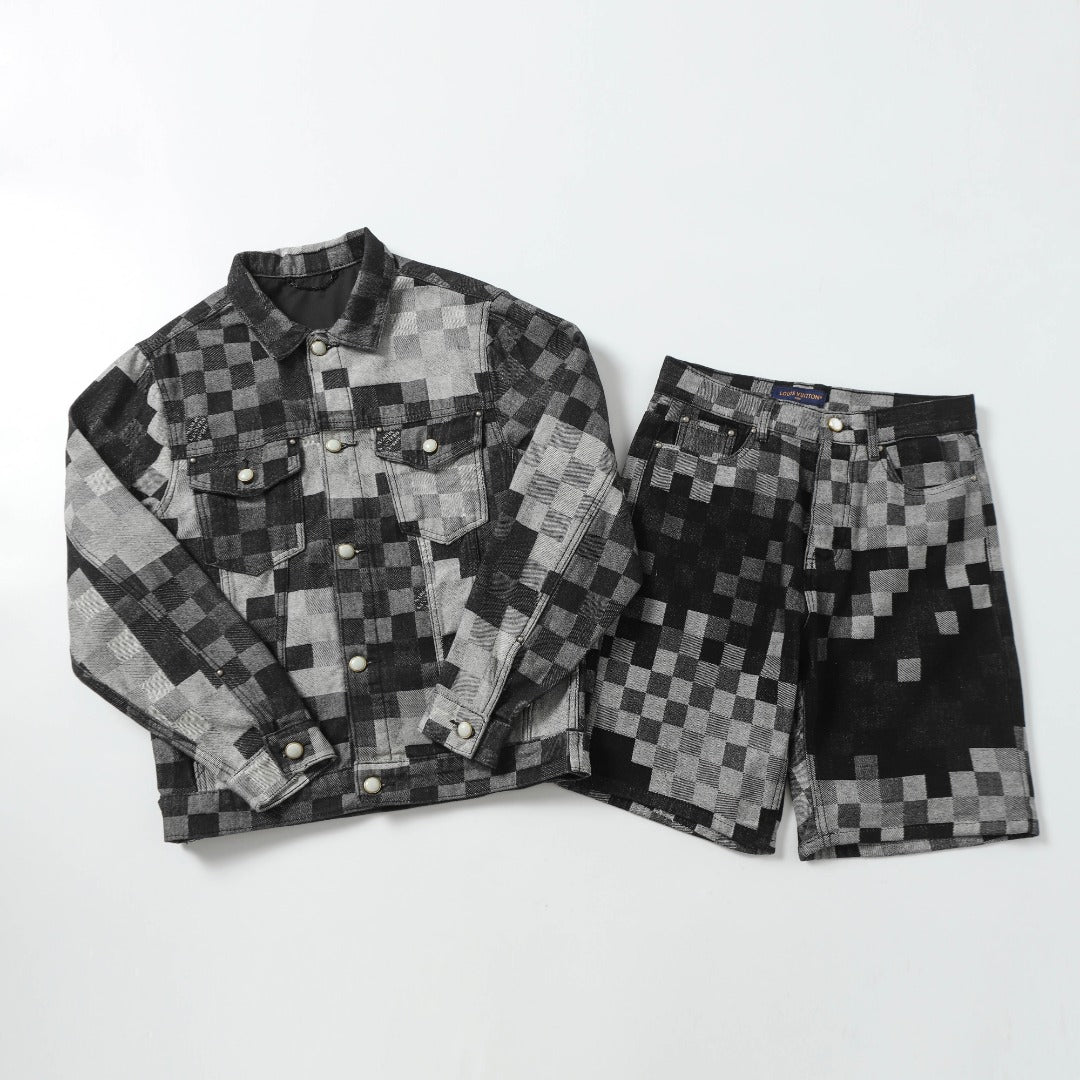 250404New high-quality black checkered denim shorts