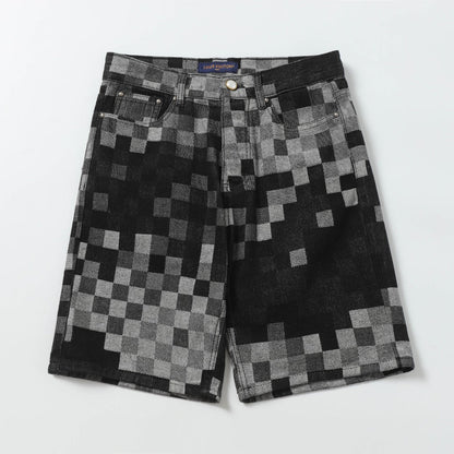 250404New high-quality black checkered denim shorts