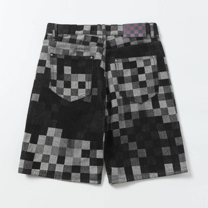 250404New high-quality black checkered denim shorts