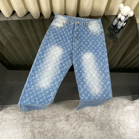 250408 New high-quality classic washed blue embossed jacquard jeans
