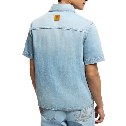 250513 New high-quality bleached and dyed denim shirt T-shirt