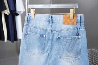 250513 New zippered embroidered letter denim trousers