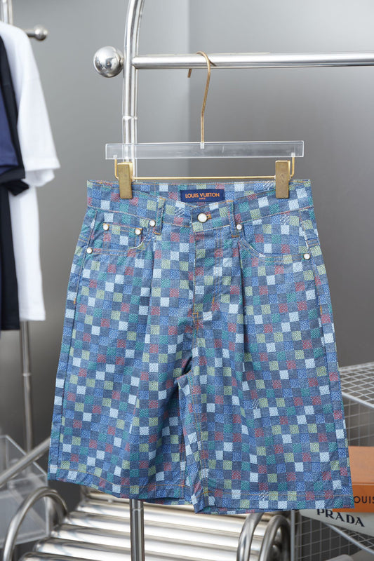 250520 New high-quality checkered Mosaic denim shorts