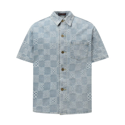 250520 New limited edition checkered patchwork washed blue denim short-sleeved shirt