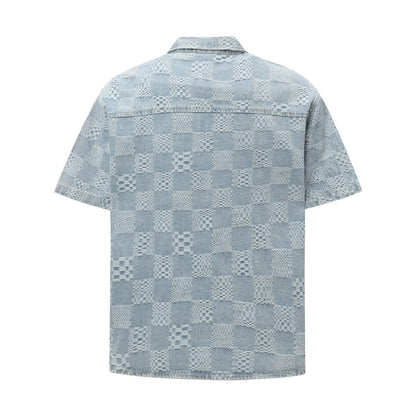 250520 New limited edition checkered patchwork washed blue denim short-sleeved shirt