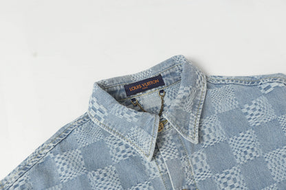 250520 New limited edition checkered patchwork washed blue denim short-sleeved shirt