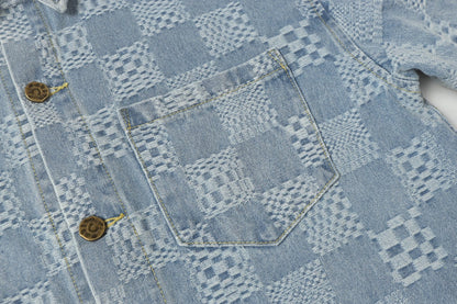 250520 New limited edition checkered patchwork washed blue denim short-sleeved shirt