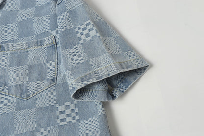 250520 New limited edition checkered patchwork washed blue denim short-sleeved shirt