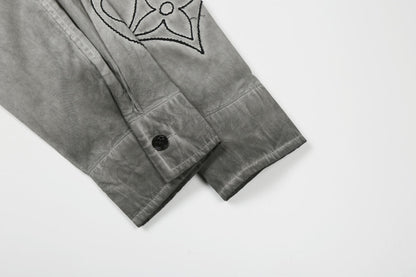 250520 New flower-position heavy industry color-blocking encrypted satin shirt