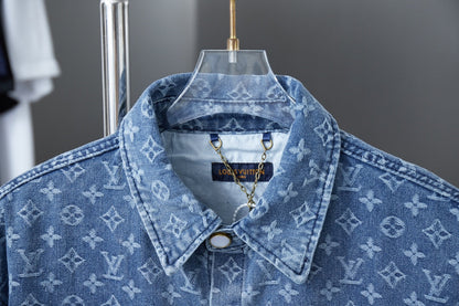 250617 New high-quality full-printed jacquard denim short-sleeved shirt
