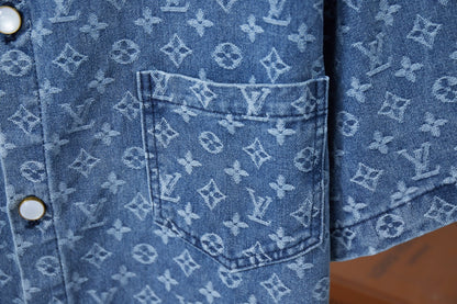 250617 New high-quality full-printed jacquard denim short-sleeved shirt