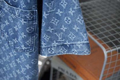 250617 New high-quality full-printed jacquard denim short-sleeved shirt