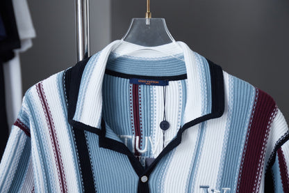 250722 New high-quality vertical crochet striped short-sleeved shirt