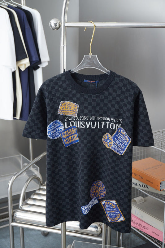 250722 New high-quality checkerboard soft knitted T-shirt