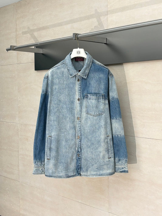 250722 New high-quality washed, aged and embossed long-sleeved denim shirt