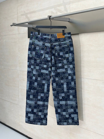 250722 New high-quality checkered tattooed denim trousers