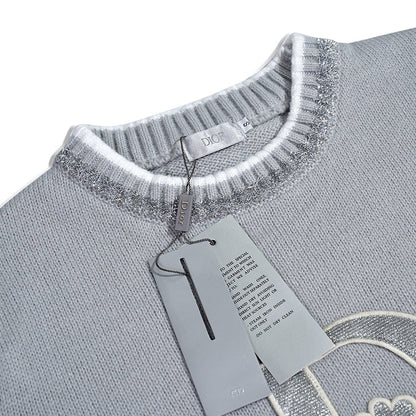 250729 New high-quality, shiny letter-pasted embroidered round-neck sweater