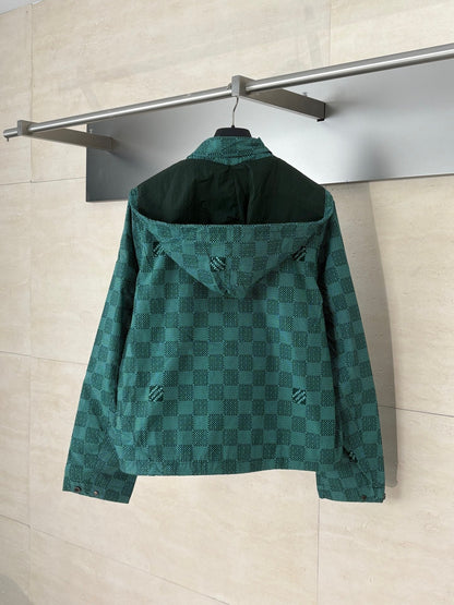 250808 A new high-quality checkered zipper technology hooded windproof jacket