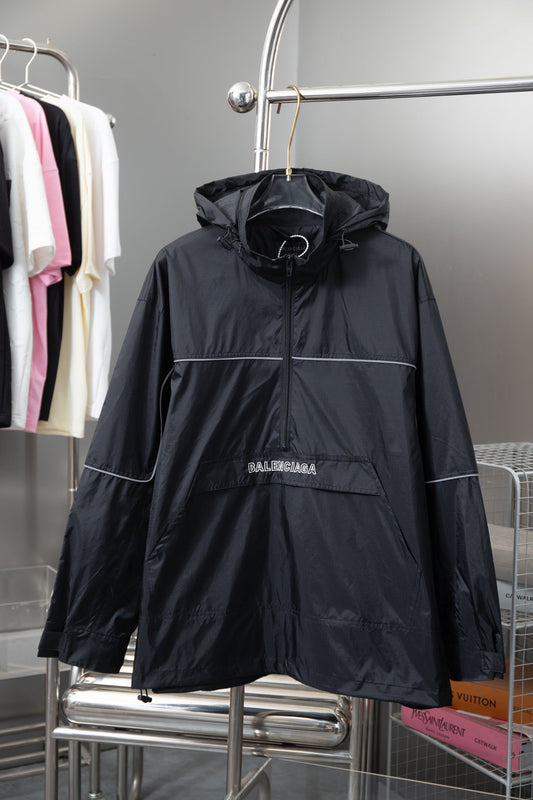 250808 New high-quality dark-checked reflective semi-zipper windbreaker jacket