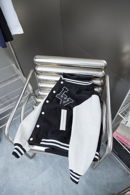 250808 New high-quality perforated rhinestone patchwork sleeve baseball jacket