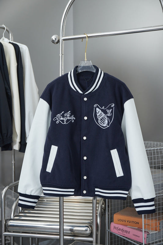 250808 New high-quality tweed and conch embroidery patchwork sleeve baseball jacket