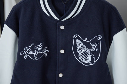 250808 New high-quality tweed and conch embroidery patchwork sleeve baseball jacket