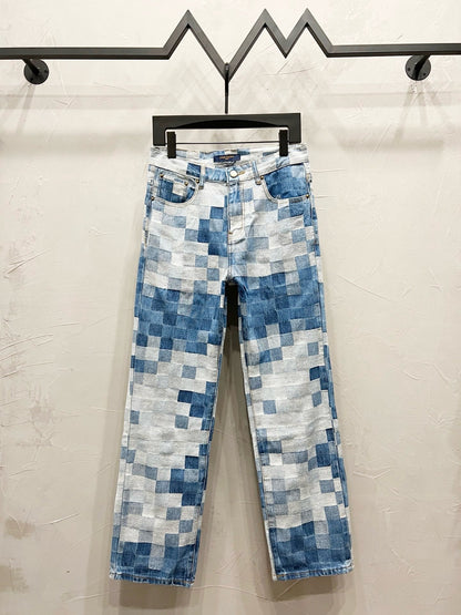 250813 New high-quality full-print checkerboard loose jeans