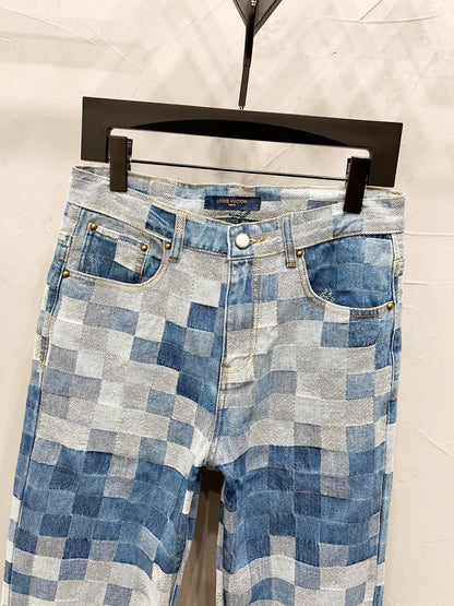 250813 New high-quality full-print checkerboard loose jeans