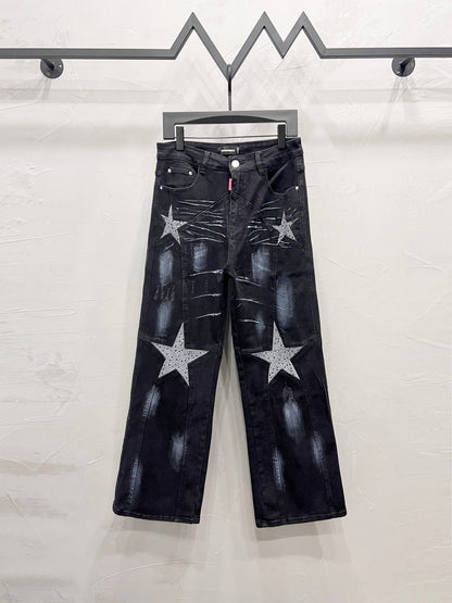 250813 New high-quality five-pointed star rhinestone washed mid-waist straight-leg jeans
