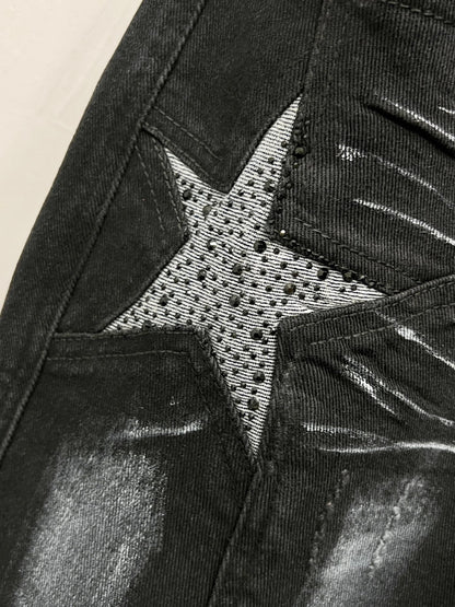 250813 New high-quality five-pointed star rhinestone washed mid-waist straight-leg jeans