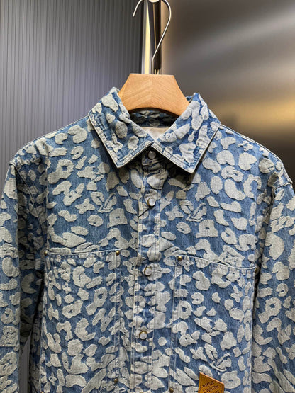 250825 New high-quality leopard-print washed workwear denim jacket