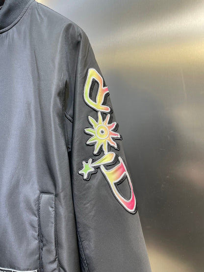 250825 New high-quality neon pink trim black flight jacket