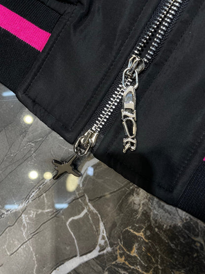 250825 New high-quality neon pink trim black flight jacket