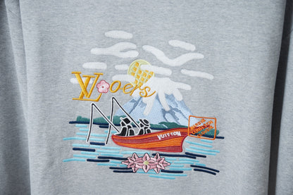 250902 New high-quality fishing embroidered round-neck sweatshirt