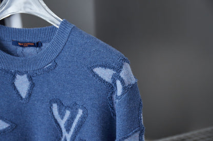 250902 New high-quality blue four-leaf clover letter sweater