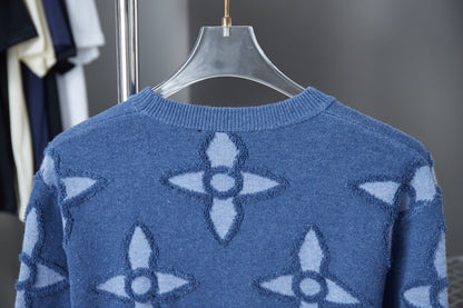250902 New high-quality blue four-leaf clover letter sweater