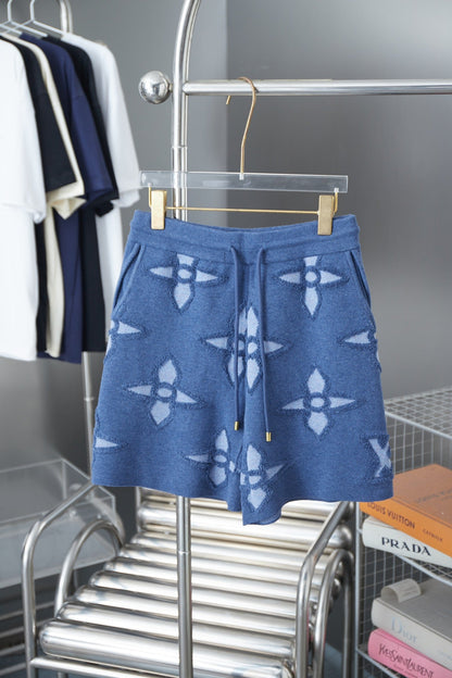 250902 New high-quality blue four-leaf clover letter sweater shorts
