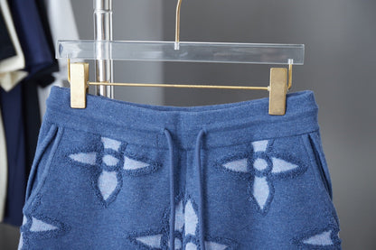 250902 New high-quality blue four-leaf clover letter sweater shorts