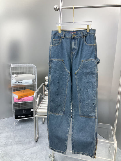 250902 New high-quality heavy-duty embossed denim cargo pants
