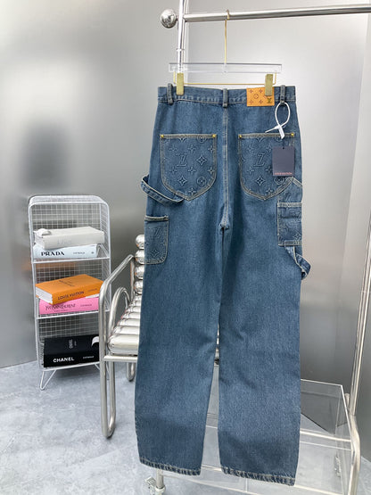 250902 New high-quality heavy-duty embossed denim cargo pants