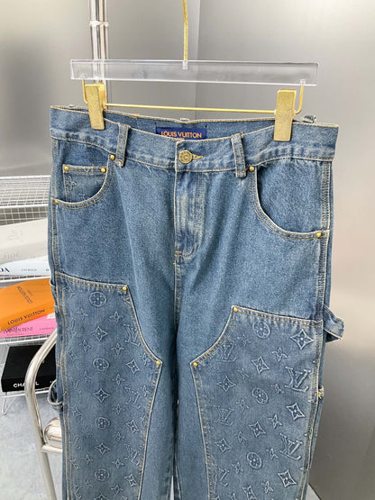 250902 New high-quality heavy-duty embossed denim cargo pants