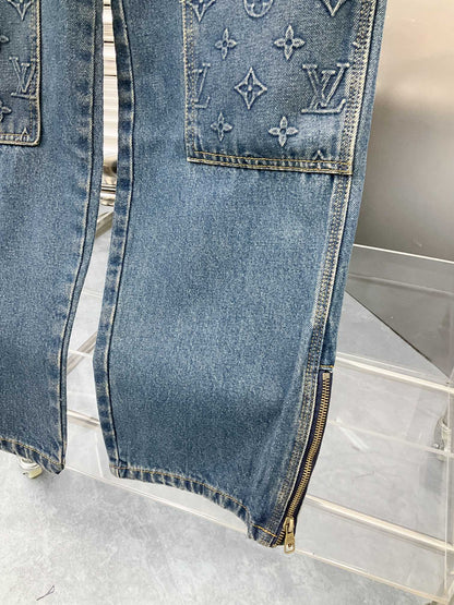 250902 New high-quality heavy-duty embossed denim cargo pants