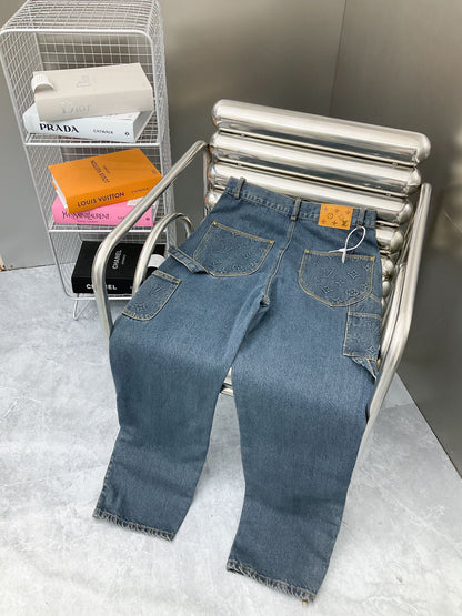 250902 New high-quality heavy-duty embossed denim cargo pants