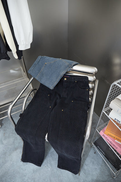 250902 New high-quality heavy-duty embossed denim cargo pants