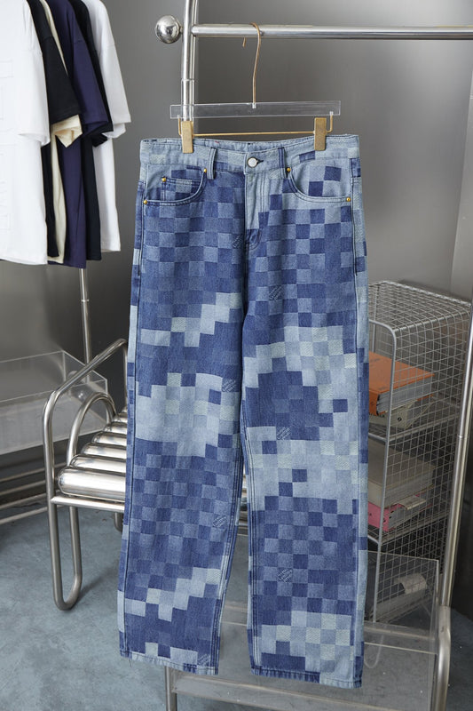 250902 New high-quality checkerboard Mosaic denim trousers