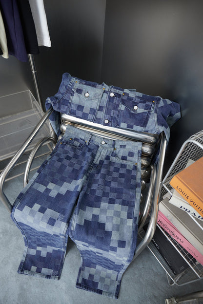 250902 New high-quality checkerboard Mosaic denim trousers